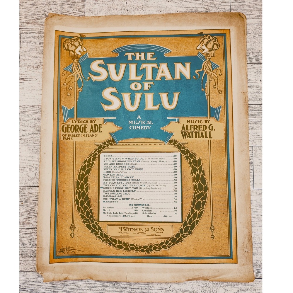 1902‎ Sultan of Sulu Antique Sheet Music George Ade Musical Comedy Wall Art